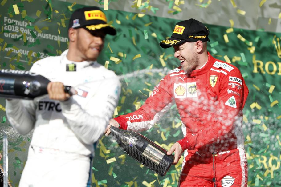 Sul podio  festa grande con Vettel davanti a Hamilton e Raikkonen. Epa